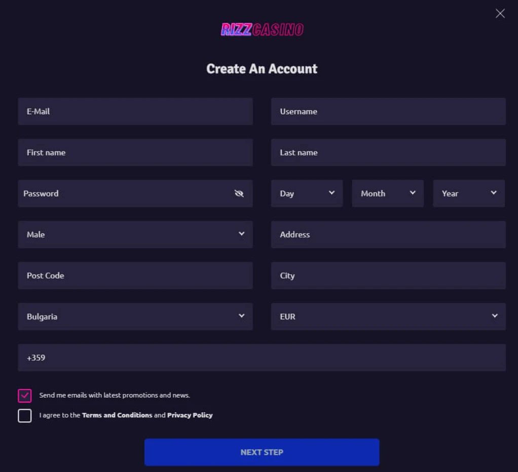 Rizz Casino registro e inicio de sesión